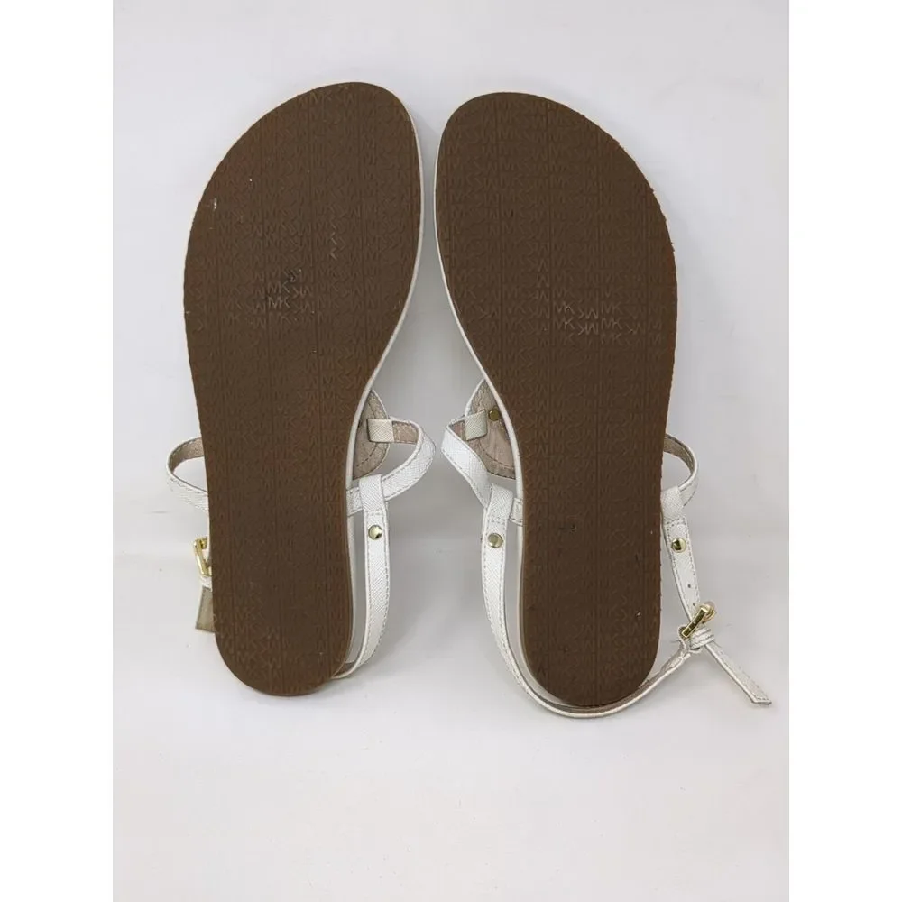 Michael‎ Kors Thong Sandals Leather Flat Big MK Logo Leather White Women's 7.5 M